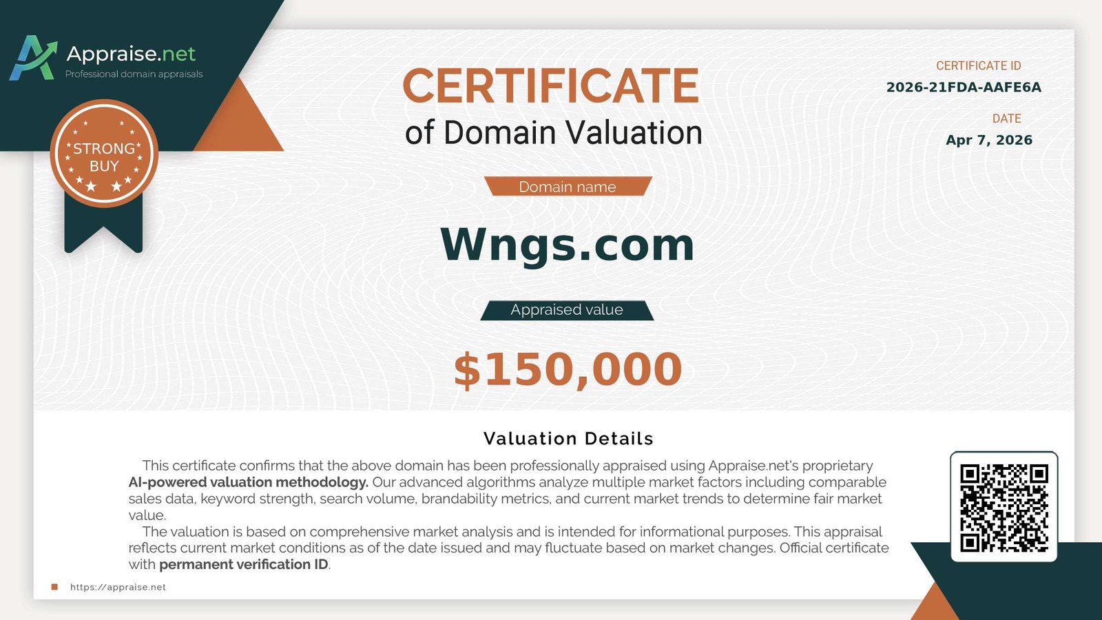 Appraise.net Certificate of Domain Valuation for Wngs.com - appraised value $150,000, rating STRONG BUY